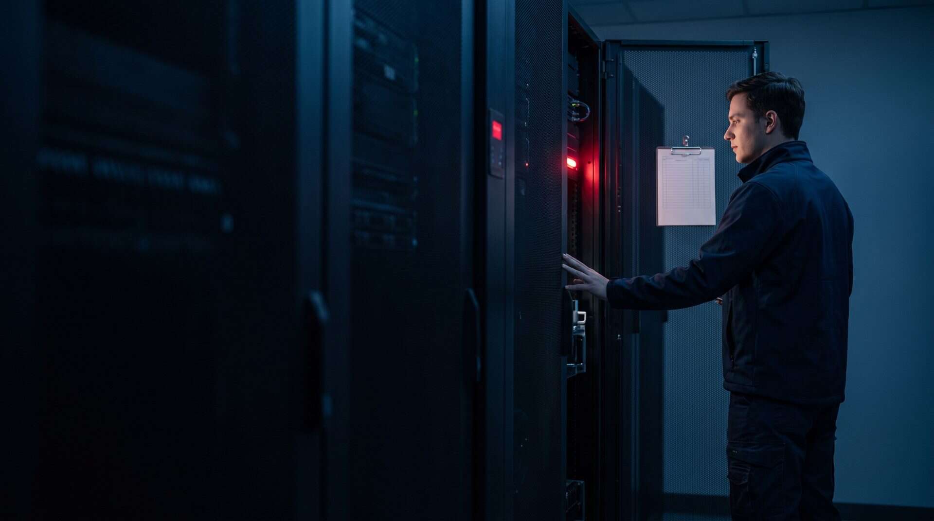 Engineer with a hand on an open server rack door, checking a clipped paper checklist beside a glowing crimson status light in a dim navy data room