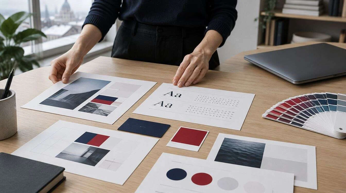 Designer laying out brand guideline pages, type specimens, a navy card and a crimson swatch on an oak studio table