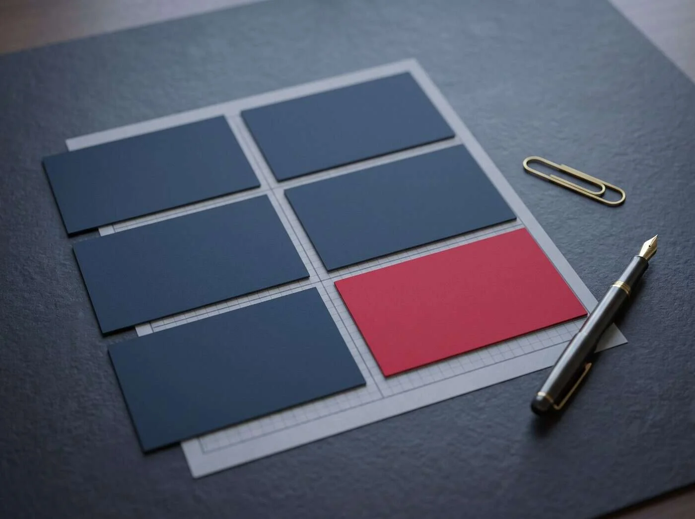 Six navy index cards fanned in a grid on a slate desk, one crimson, over a printed control matrix sheet, representing one control set mapped to several frameworks