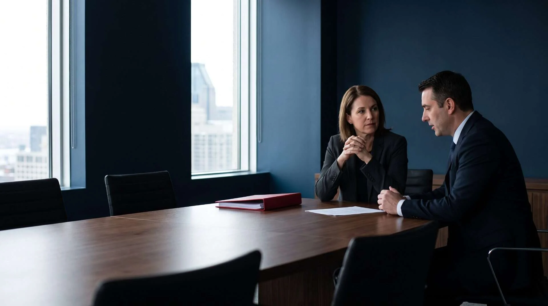 Security advisor and company executive discussing a printed risk register at a dark walnut boardroom table, crimson folder between them
