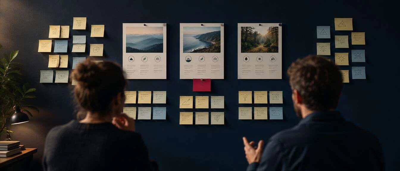 Brand strategy notes and positioning cards pinned across a studio wall