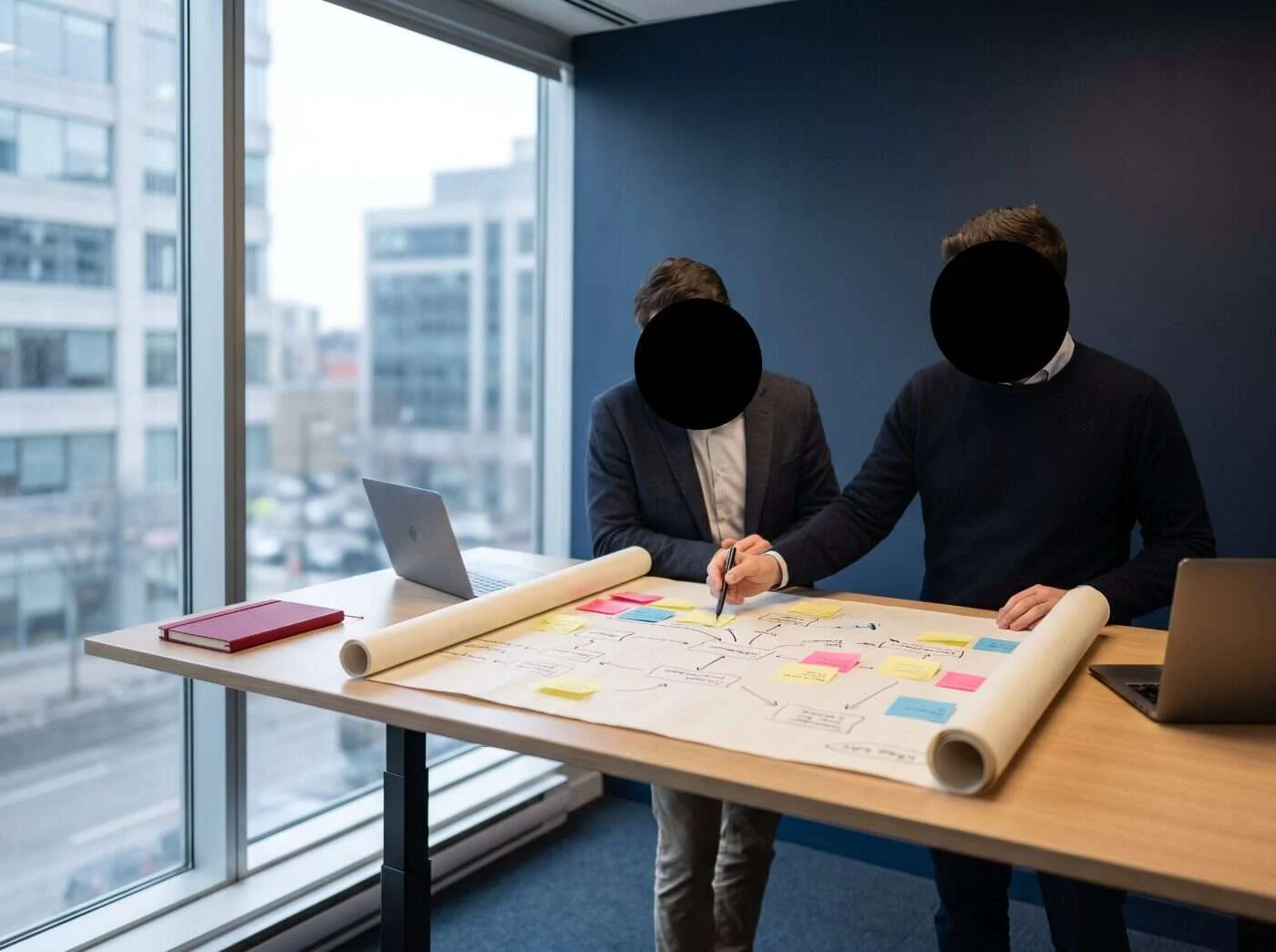 Two colleagues at a standing desk reviewing a printed data-migration mapping sheet with coloured sticky notes