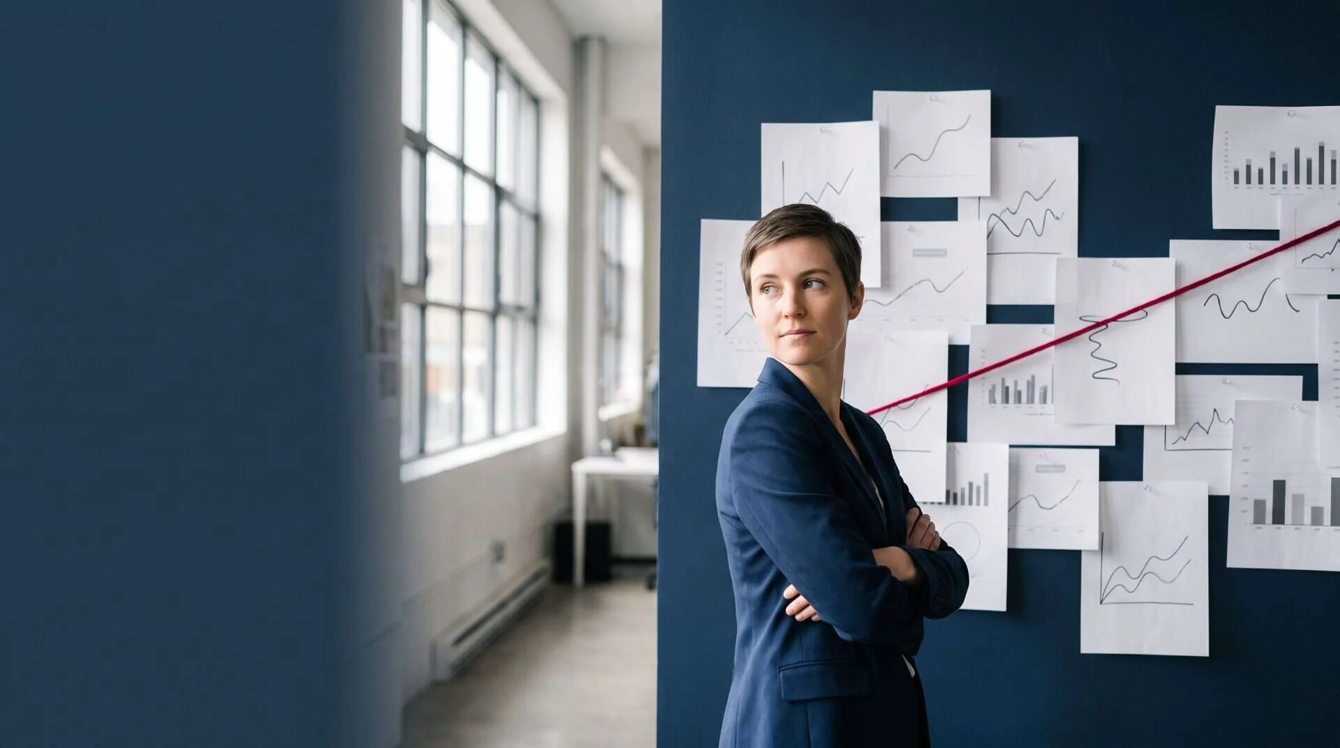 Stratège SEO les bras croisés devant un mur bleu marine de graphiques de trafic et de classement épinglés, reliés par une ficelle cramoisie