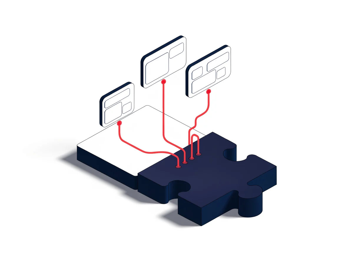 Illustration isométrique d’un module se branchant à une plateforme avec des connexions vers trois fenêtres d’application