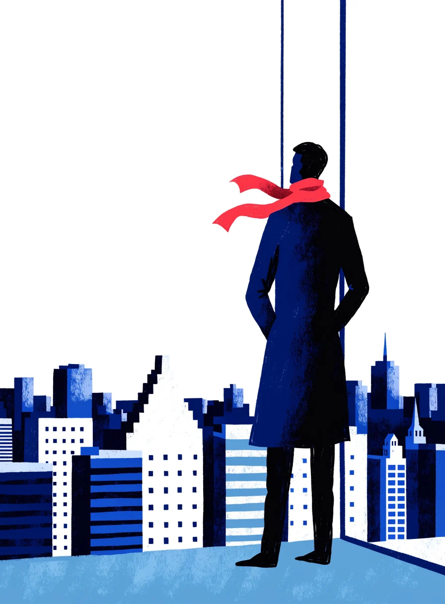Illustration d’un fondateur vu de dos, regardant la ligne d’horizon de Montréal