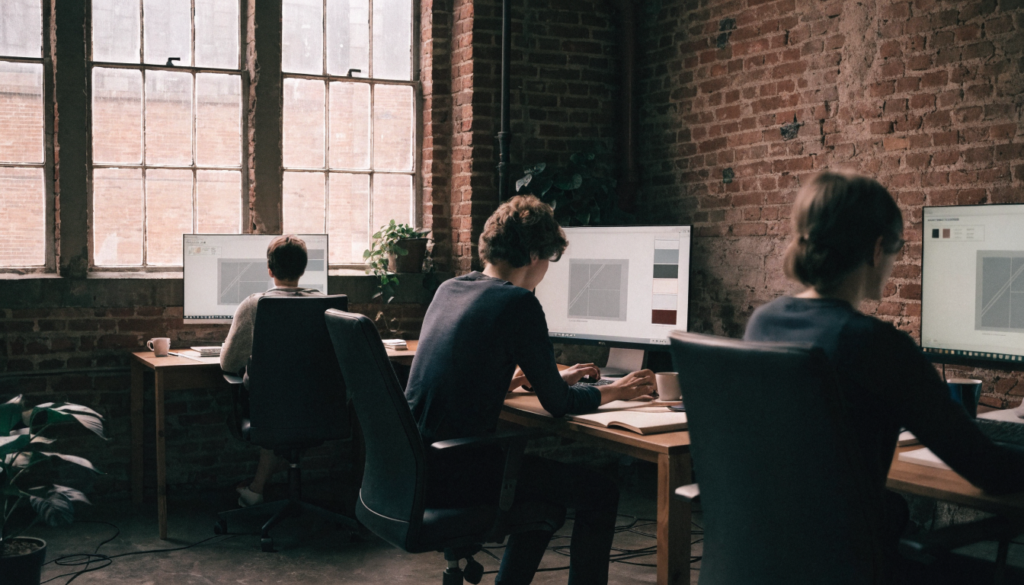 Three designers at wooden desks inside a Montreal web design company's brick-walled loft studio, their monitors showing grey wireframe layouts and a column of colour swatches.