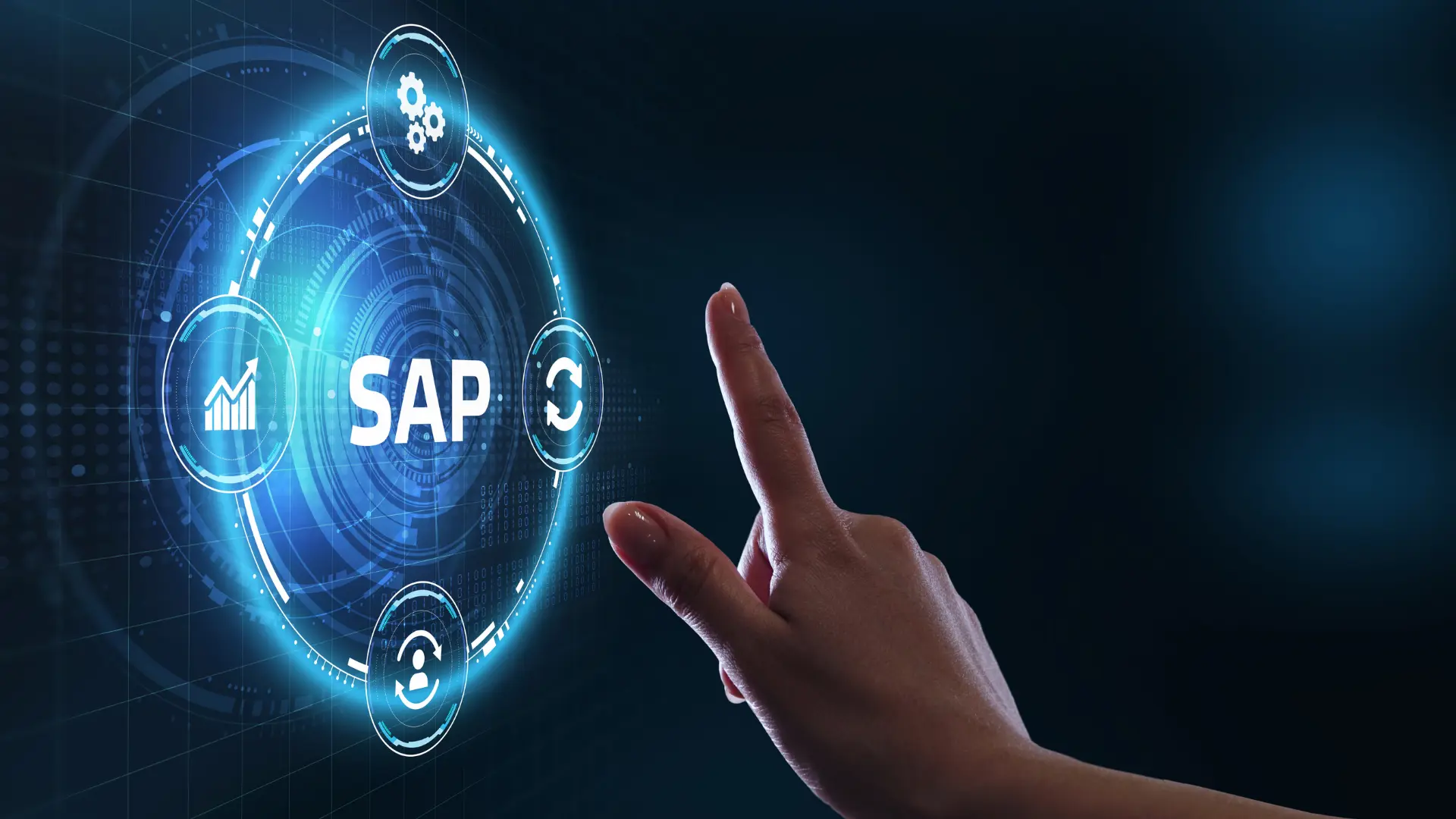 SAP logo in a glowing interface ring surrounded by analytics, sync and user management icons