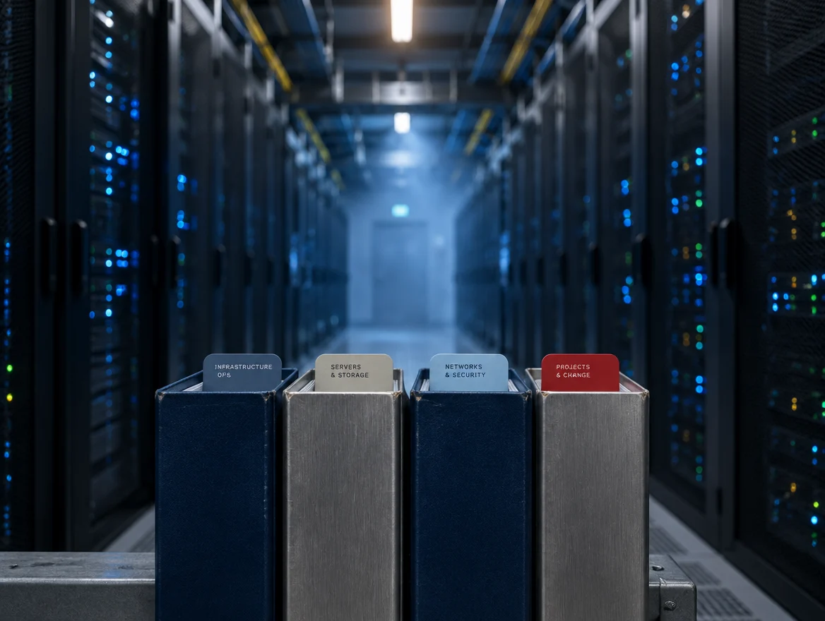 Four navy and steel file folders with colour tabs in a server room hallway, representing the four Annex A control themes
