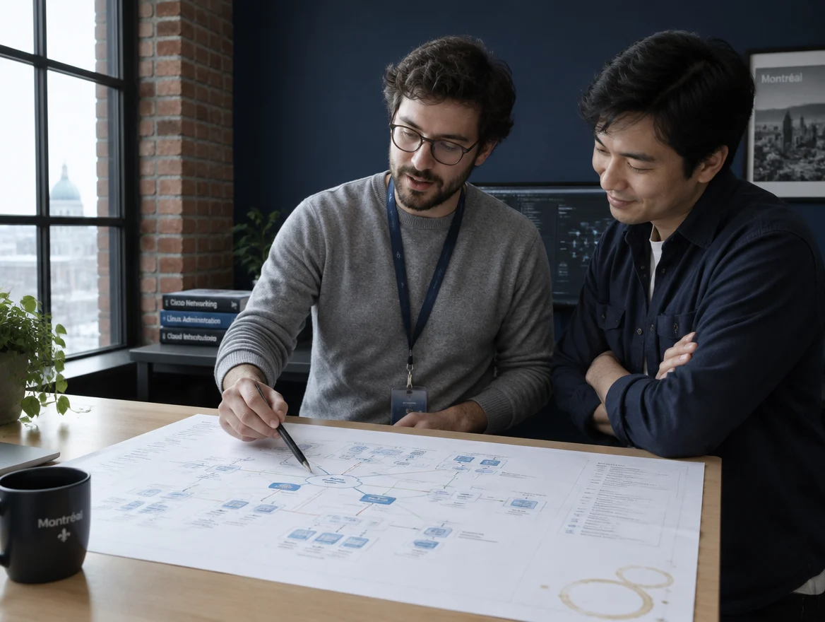 Two engineers at a standing desk reviewing a printed network diagram in a navy-walled Montreal office